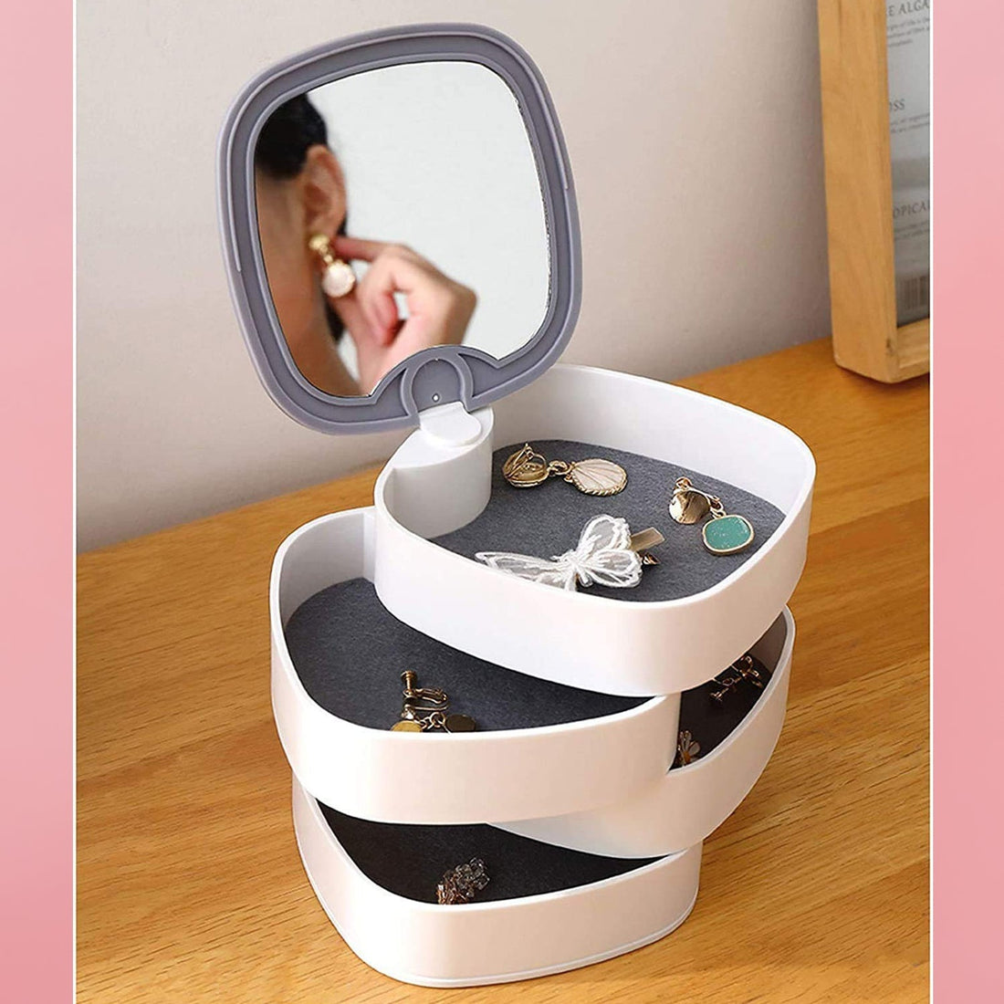 4 Layers Jewellery Box, 360 Degree Rotating Jewelry Box, Jewelry and Earring Organizer Box with Mirror, Accessory Storage Box (Multicolor)
