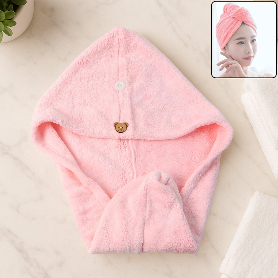 Soft Microfiber Hair Drying Towel Wrap with Cute Teddy Bear Button (1 Pc)