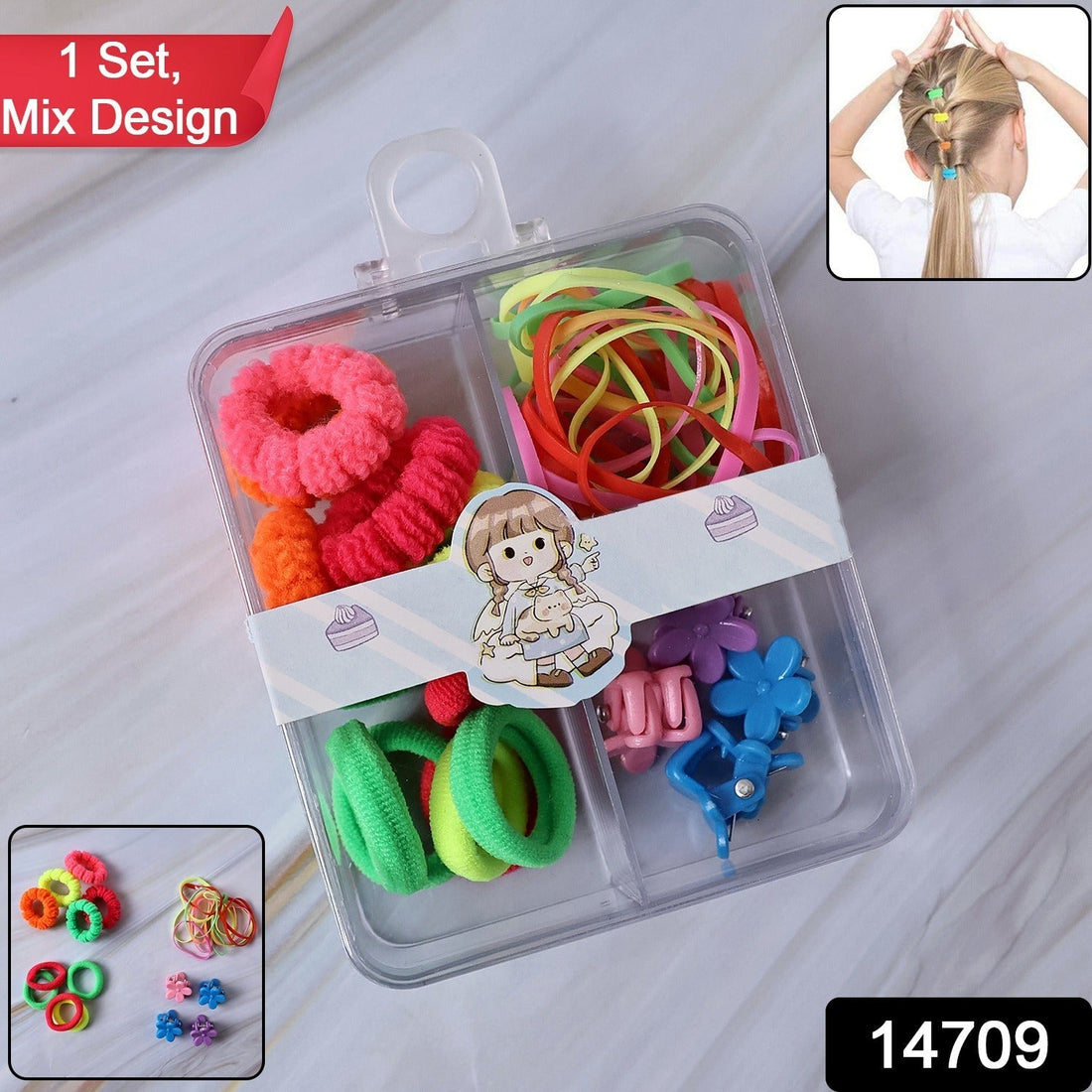 Kids Hair Bands, Rubber Bands & Cute Hair Clips in Storage Box (Mix Design / 1 Set)