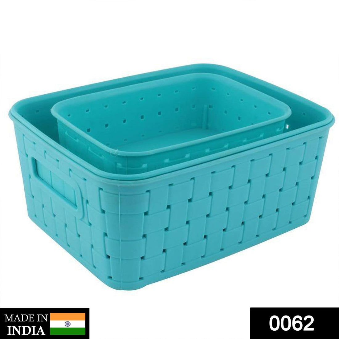 Set of 3 sky blue smart storage baskets.