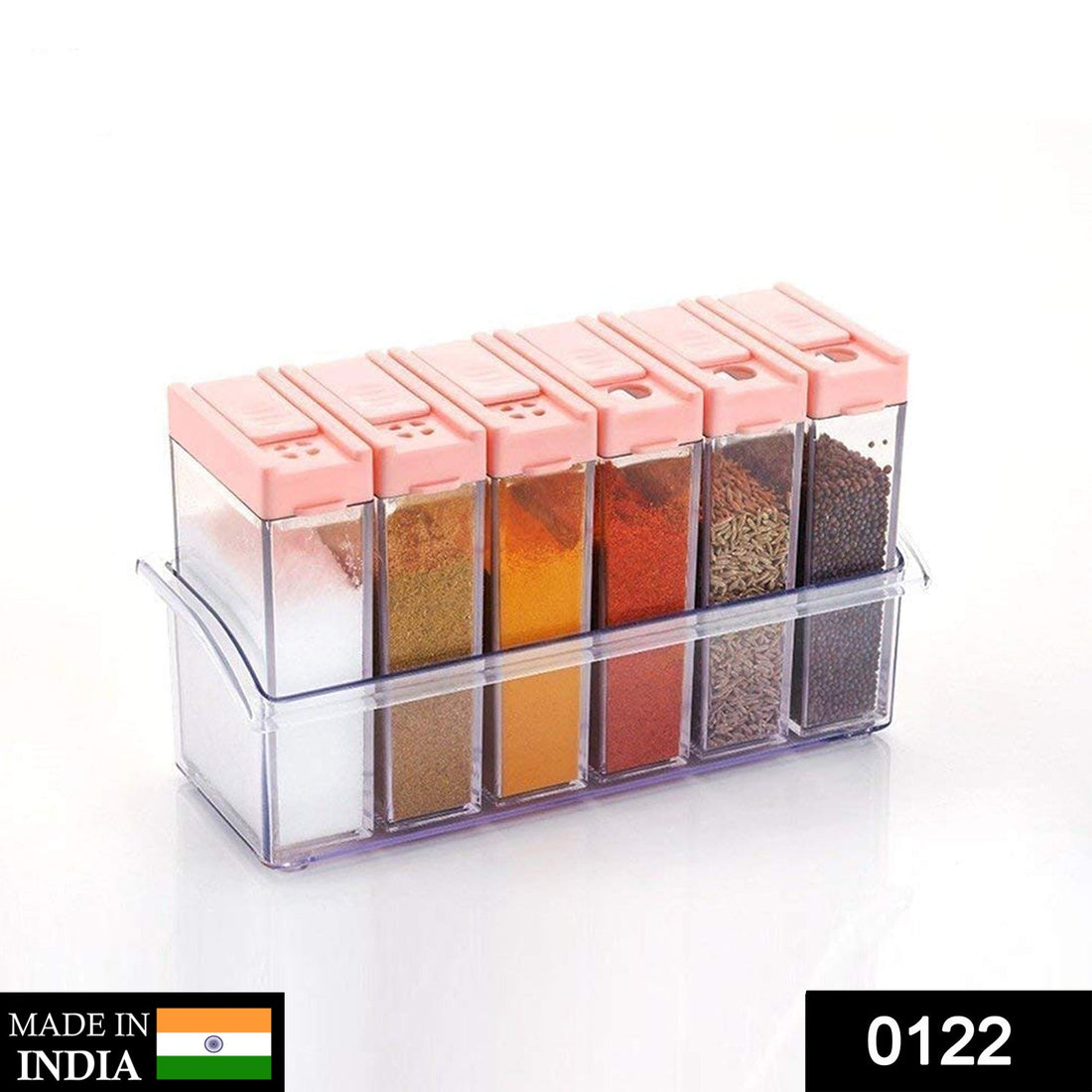 Multicoloured plastic spice jars set of six