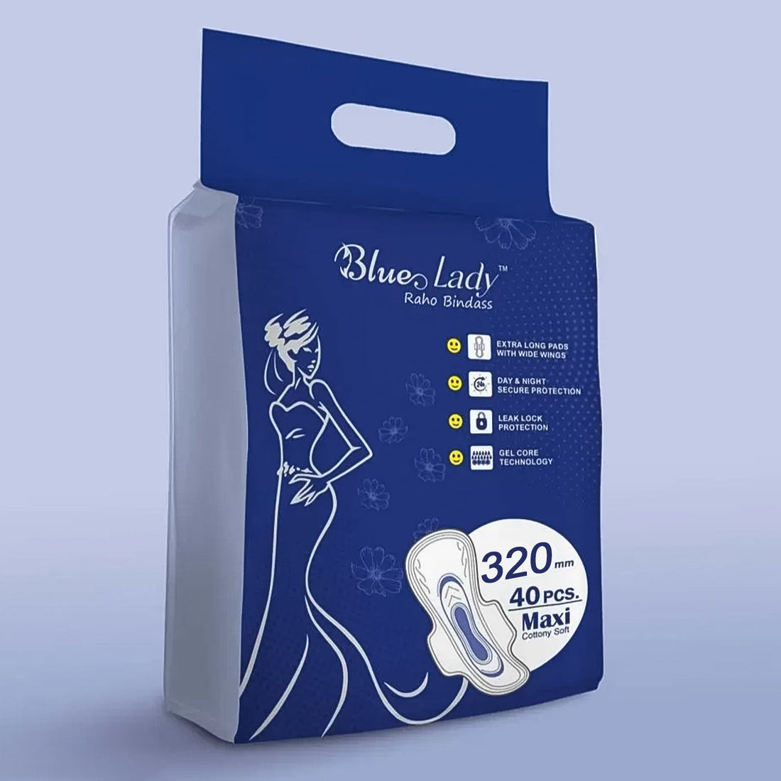 Beautiful Basics Blue Lady Extra Long Pads With Wides Wings Sanitary Pads – 320 mm, 40-Pack