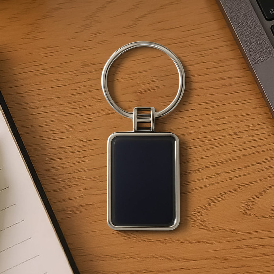 Premium Rectangular Black & Silver Metal Keychain (1 Pc)
