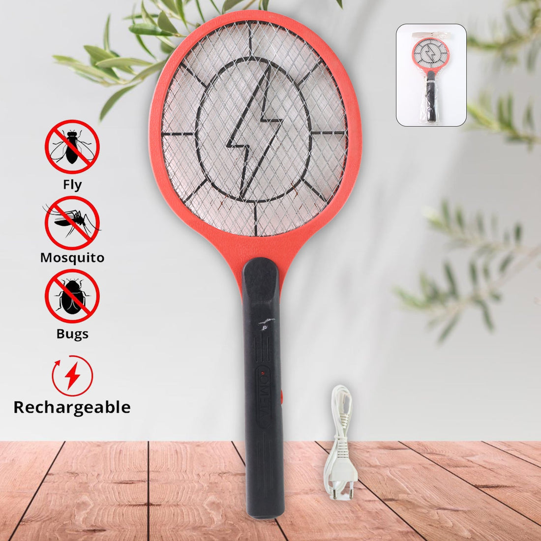 Red Rechargeable Electric Mosquito Killer Racket with Cable