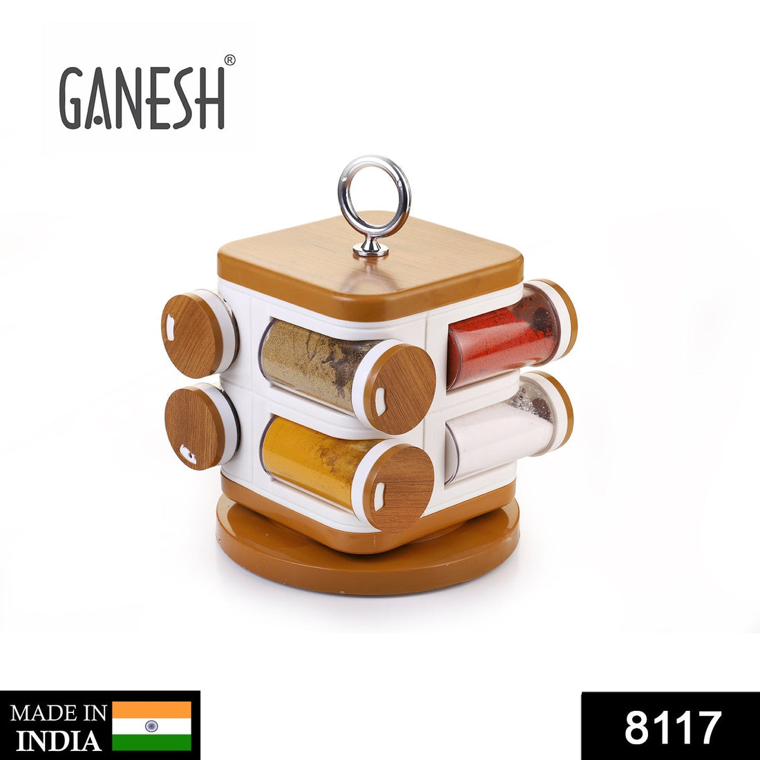 Ganesh Storewell plastic spice rack set of 8, organized jars.