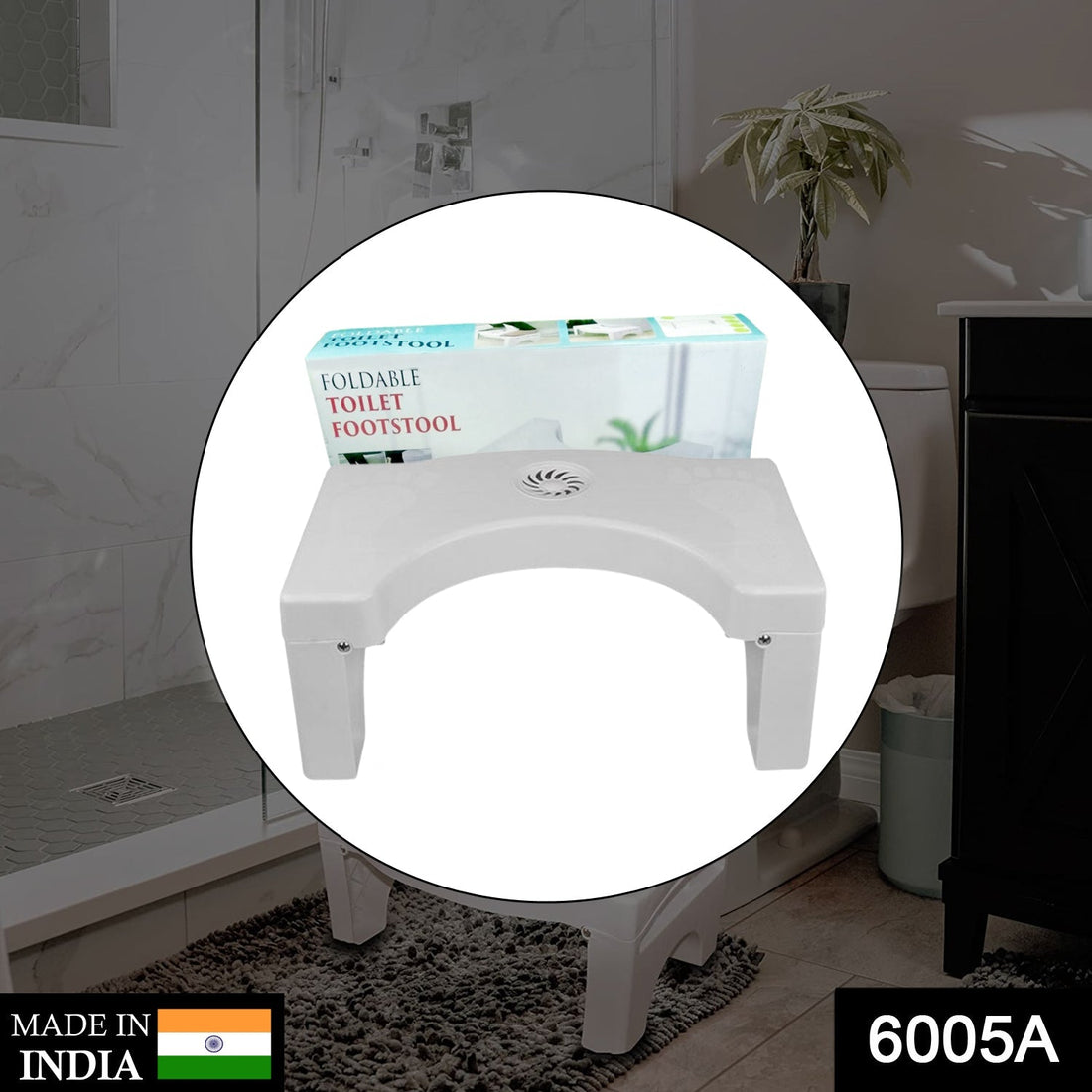 White plastic folding toilet squat stool with non-slip design.