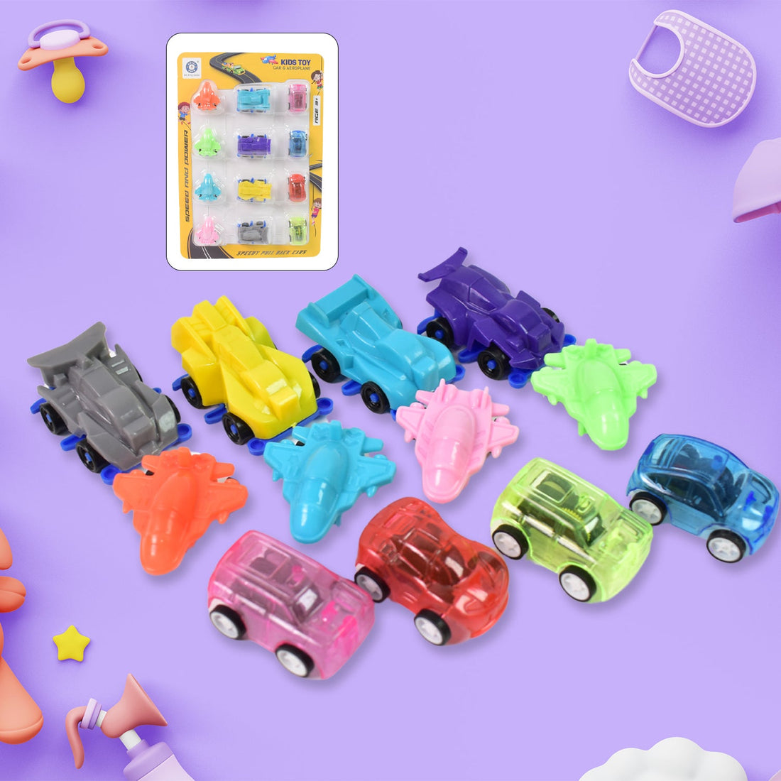 Mini Pull Back Car & Aeroplane Plastic Pull Back Car Cartoon Toys (12 Pcs Set)