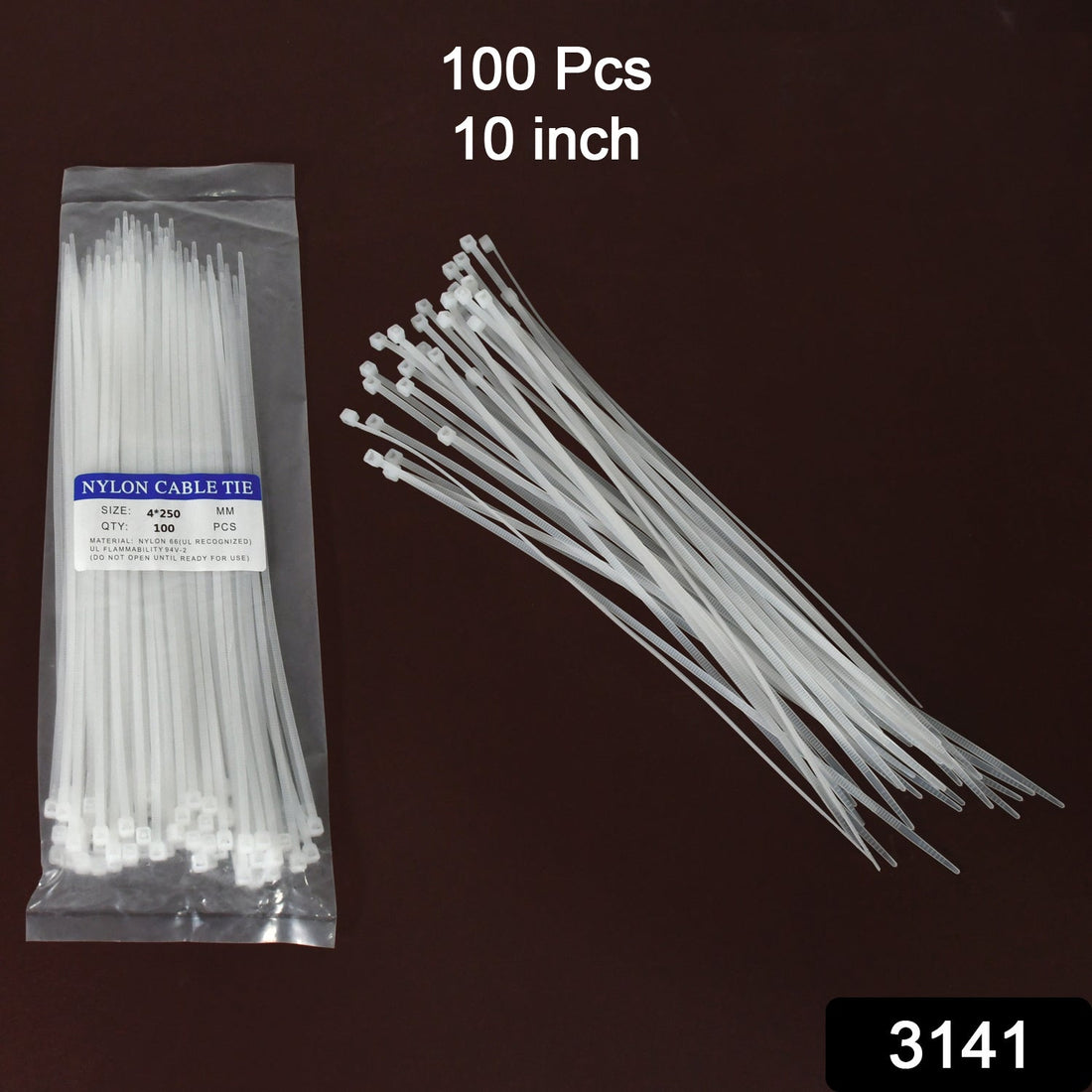 10-inch black nylon cable ties, strong and durable, pack of 100