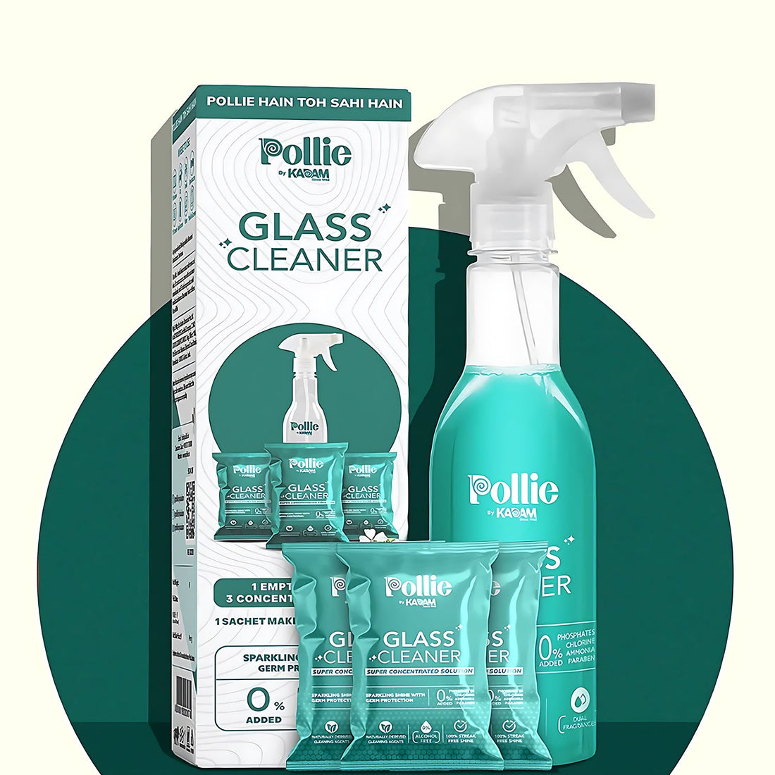 Pollic Kadam Concentrated Glass & Mirror Cleaner Refill Kit with Reusable Spray Bottle