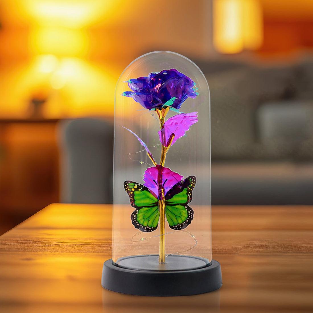 LED Preserved Rose with Colorful Butterfly in Plastic Dome (1 Pc & Mix Color)
