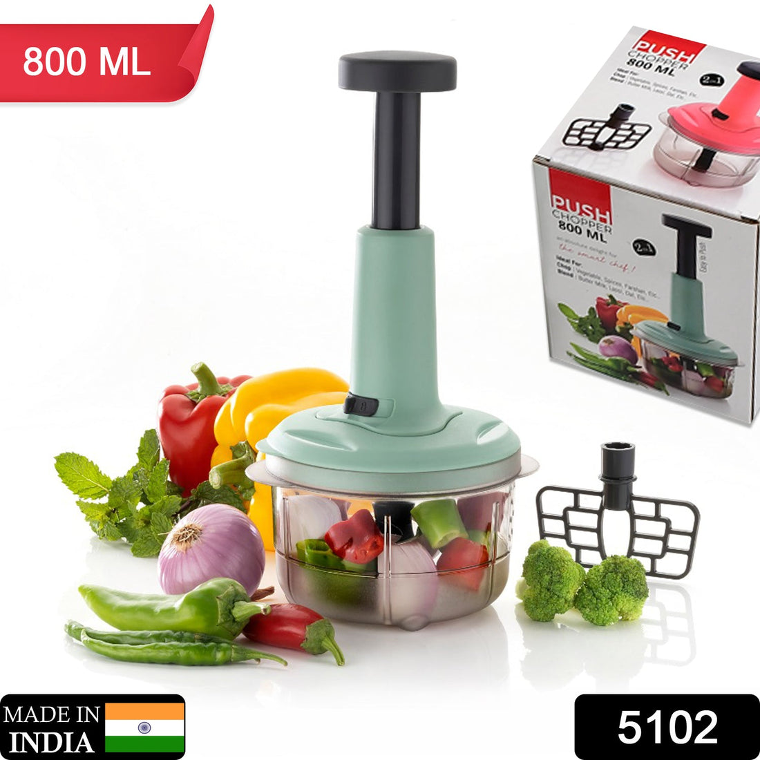 2-in-1 push chopper with stainless steel blade, 800ml capacity