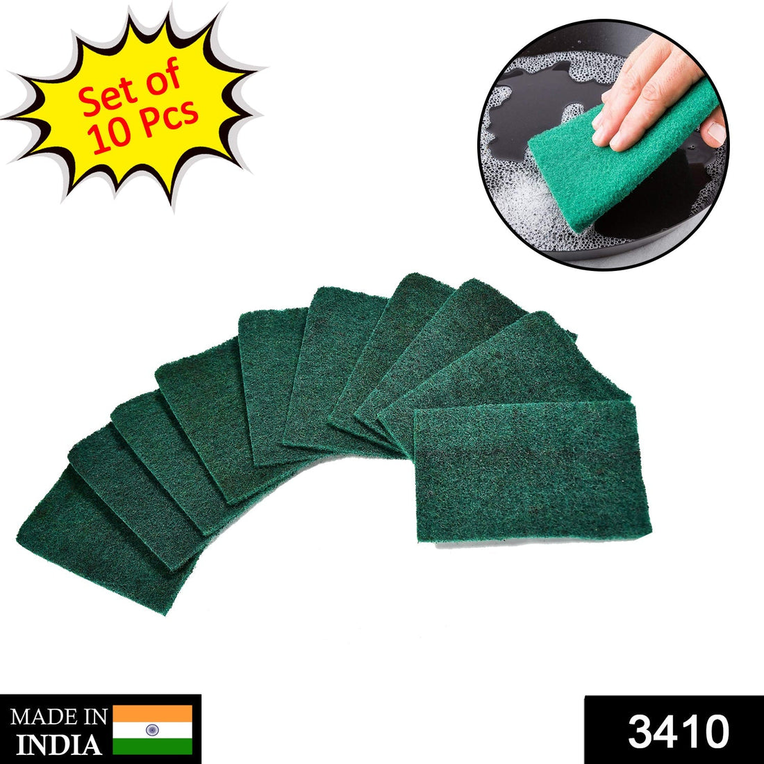 Set of 10 aqua green scrub sponges for cleaning.
