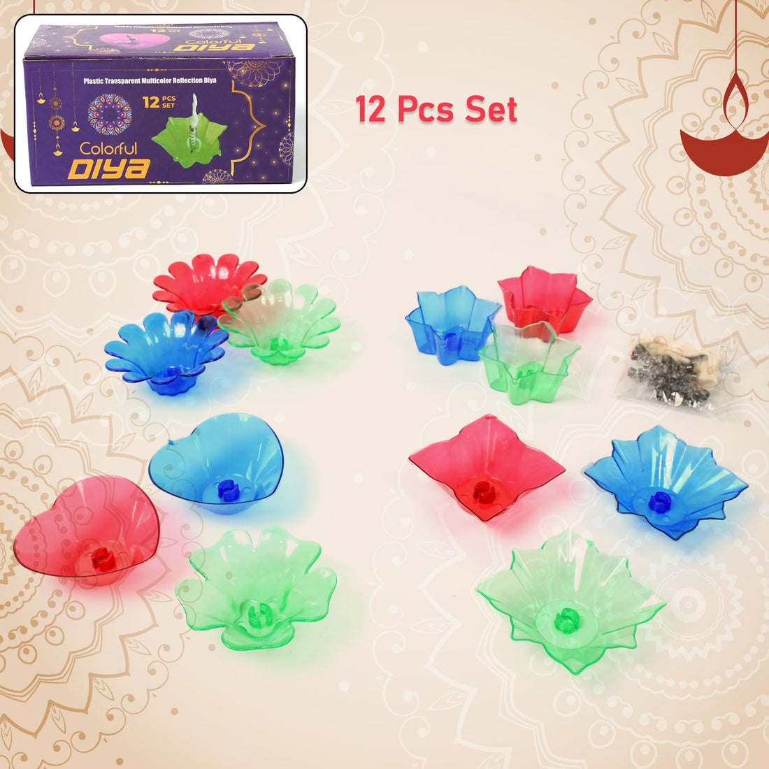 Colourful Reflection Diya Combo Plastic Candle Cup with Multi Shape, Diwali (12 Pcs Set)