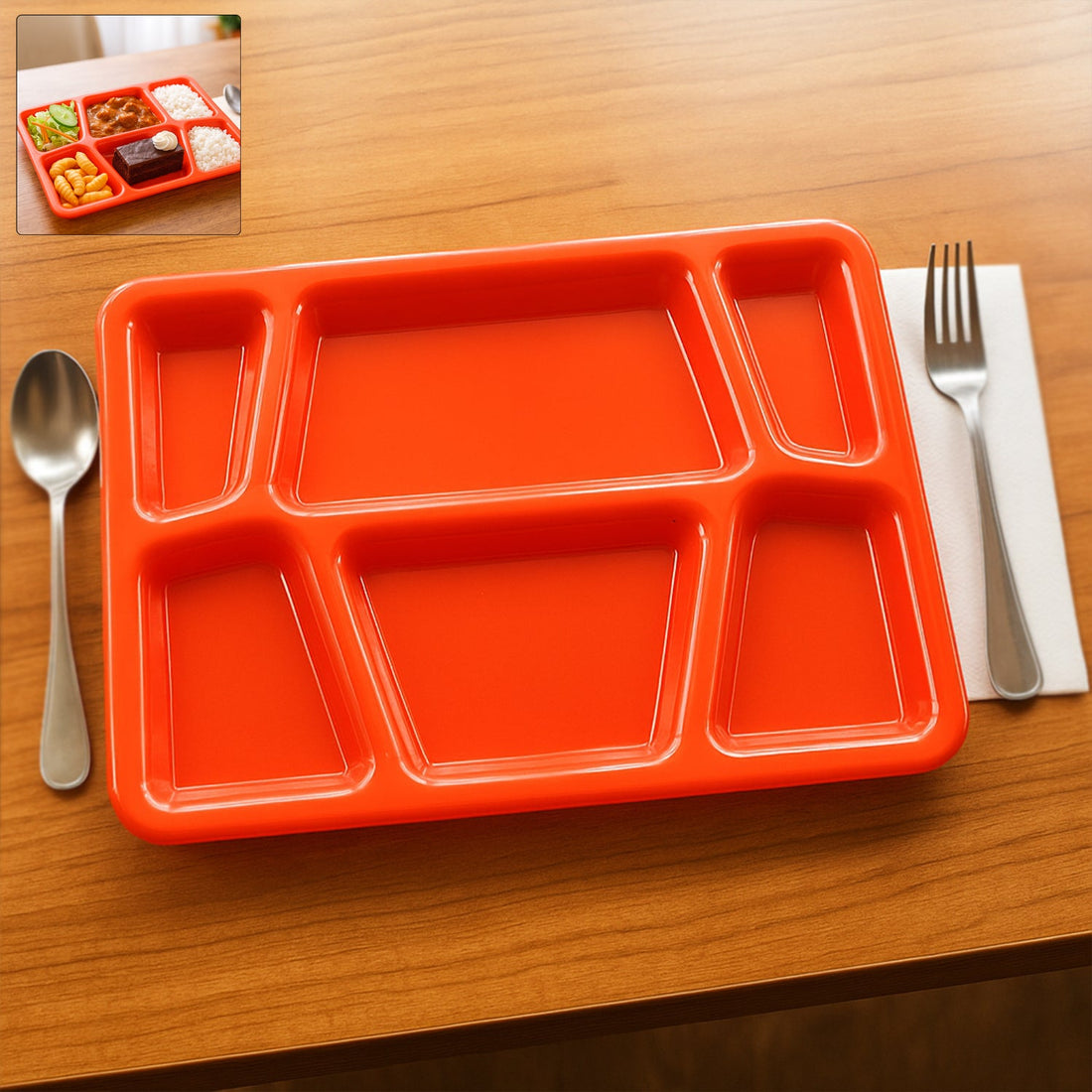 Plastic Multi-Compartment Rectangular Meal Serving Tray / Plate (1 Pc / Red)