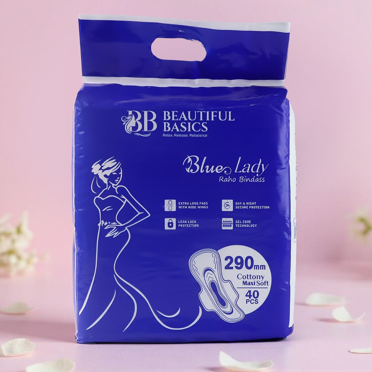 Beautiful Basics Blue Lady Extra Long Pads With Wides Wings Sanitary Pads – 290 mm, 40-Pack