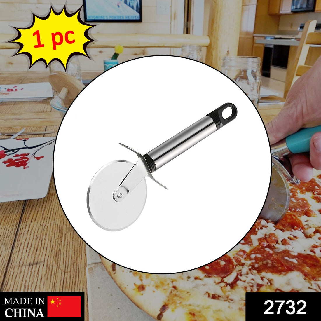 Pizza cutter with sharp wheel for precise slicing.