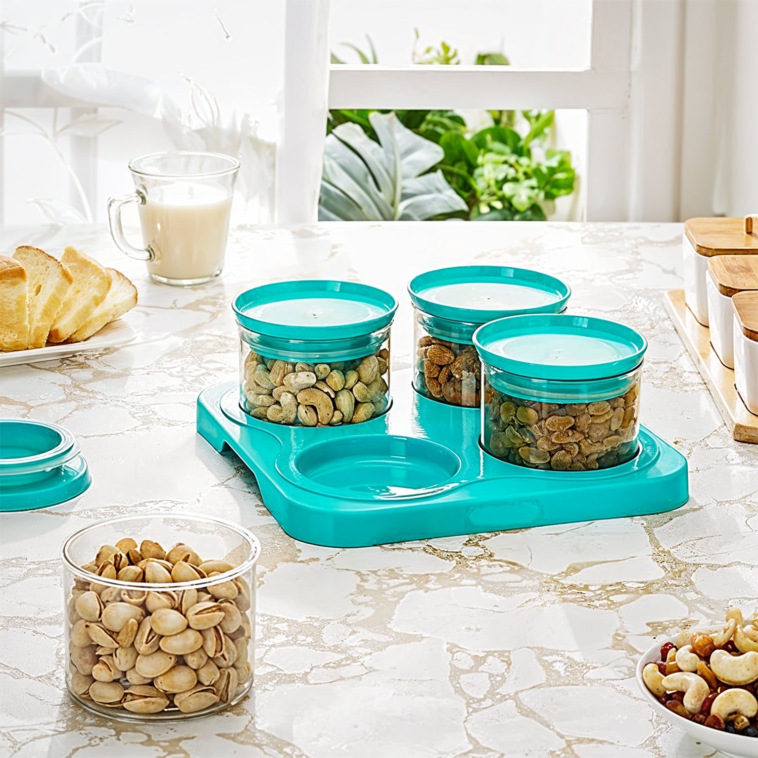 Airtight Container Jar 4 Pc Set With Stylish Tray for Kitchen Unbreakable Jar Set for Multipurpose Storage ( Mukhwas Dani )