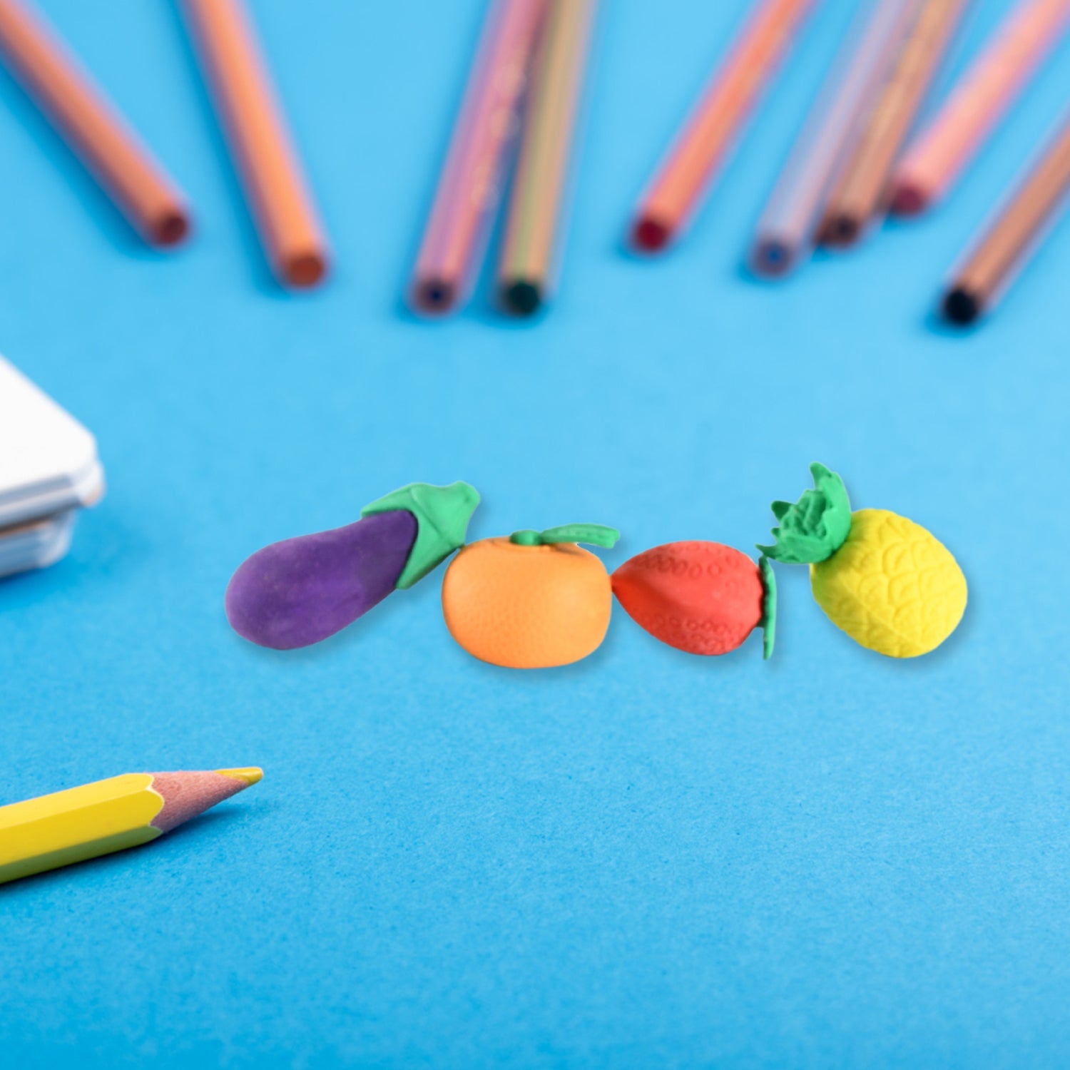 Mini Cute Veg & Fruit Erasers – 3D Colorful Eraser Set for Kids (4 Pc)