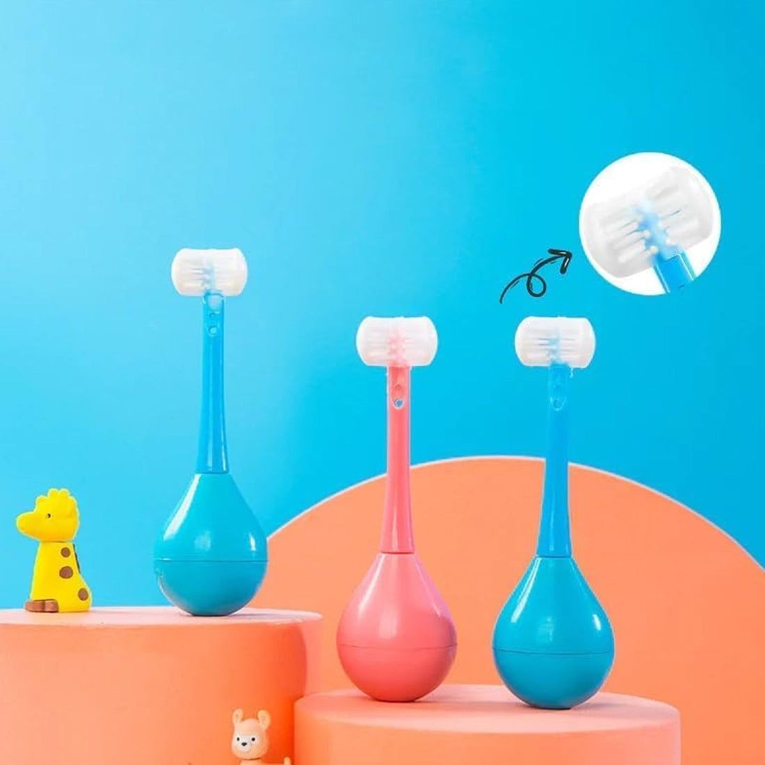 Soft bristle 3-sided training toothbrush with silicone head for children.