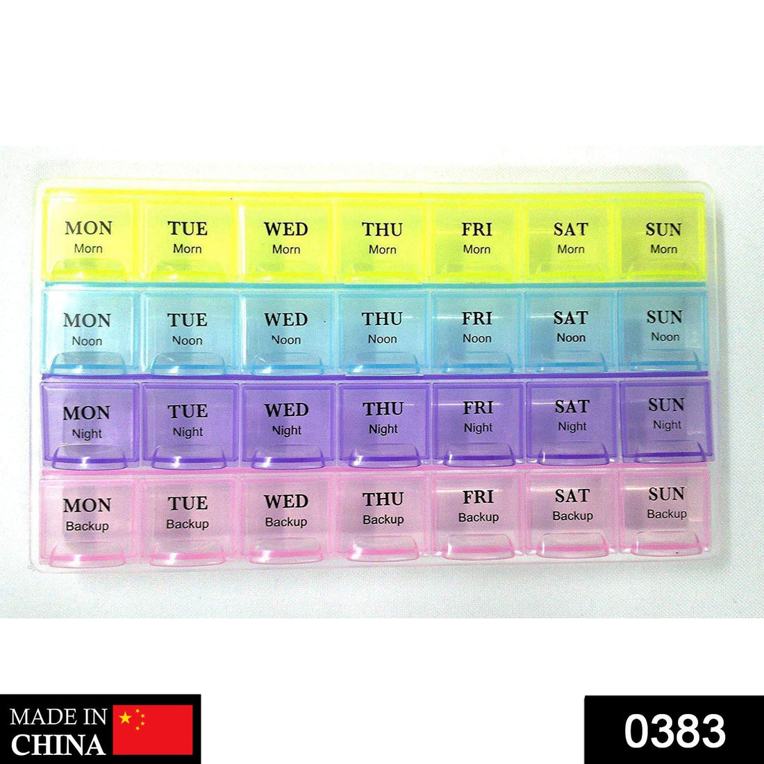 4-row weekly pill case organizer with 28 compartments for daily medicine storage.