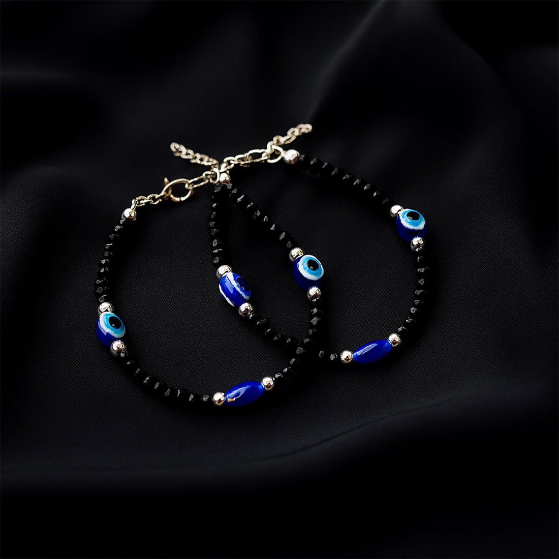 Adjustable Black Bead Evil Eye Protection Bracelet Set (2 Pc)