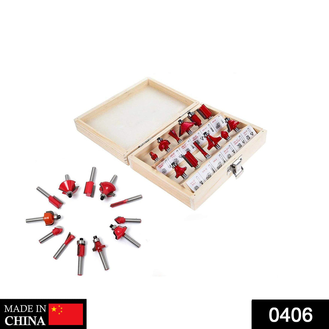 Set of 12/15 milling cutter router bits, showing various shapes and sizes.