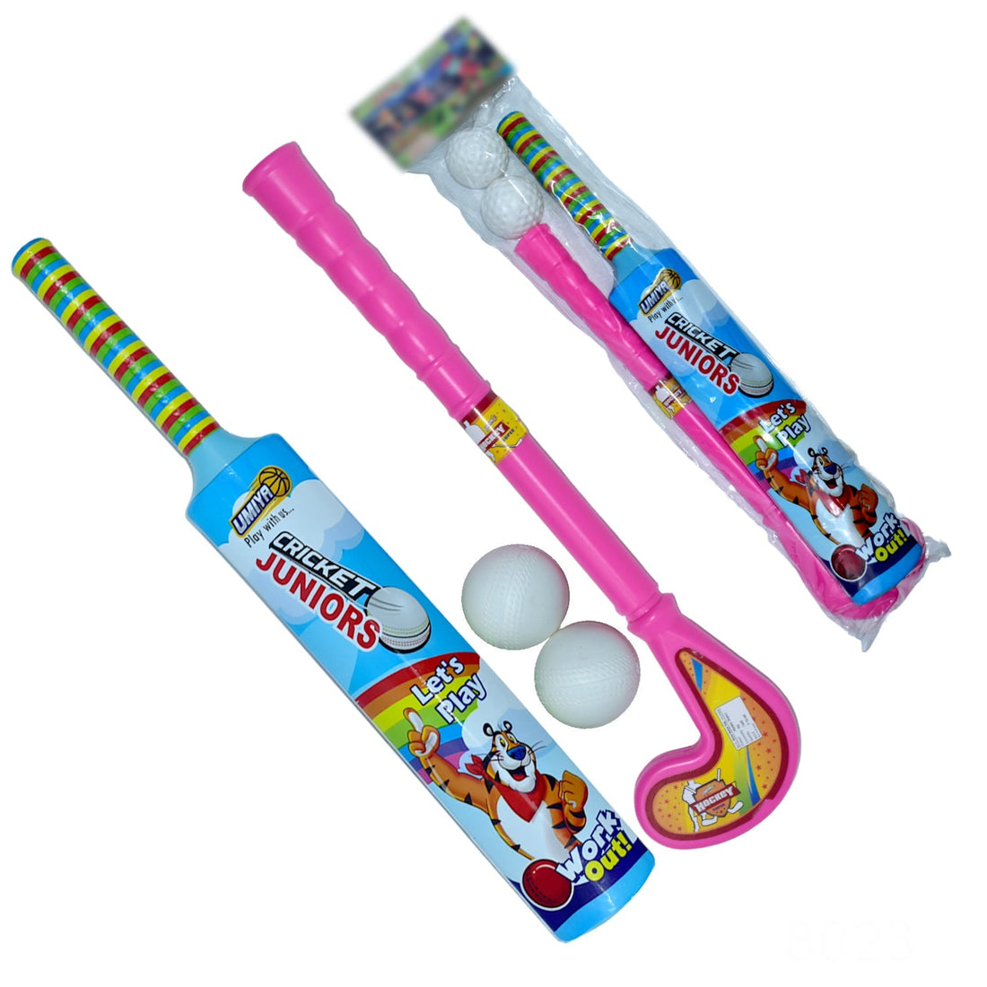 Lightweight plastic sports set including bat, ball, and hockey stick