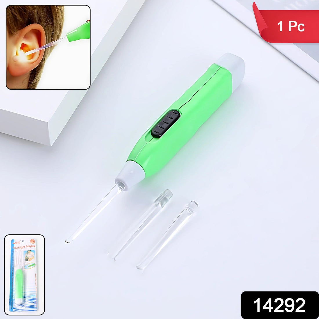 Green LED Flashlight Earpick with Tweezer (1 Pc)