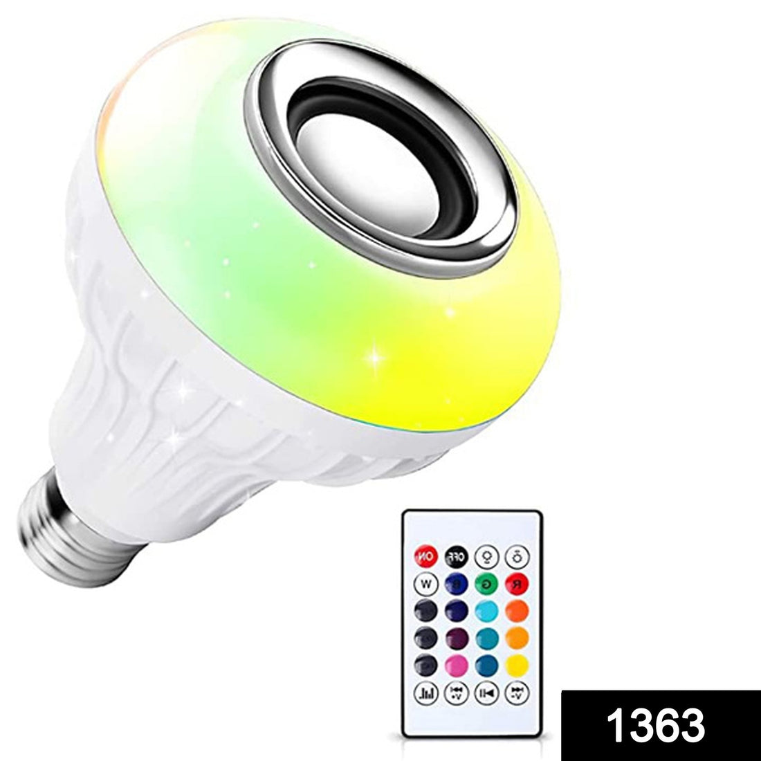 Bluetooth LED bulb with multicolor lighting and remote controller.