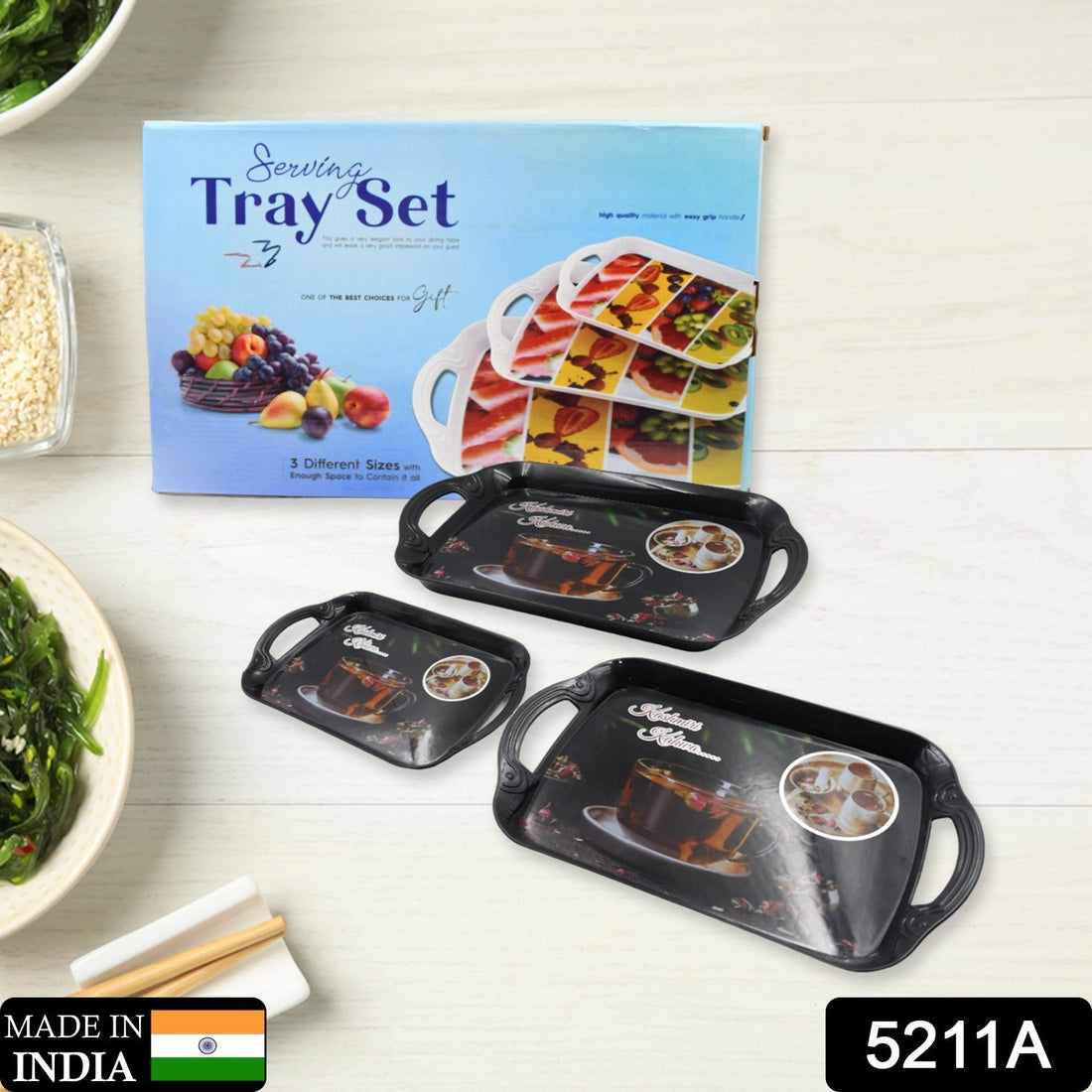 Multicolour serving tray set, ideal for serving food or decoration in small, medium, and large sizes.
