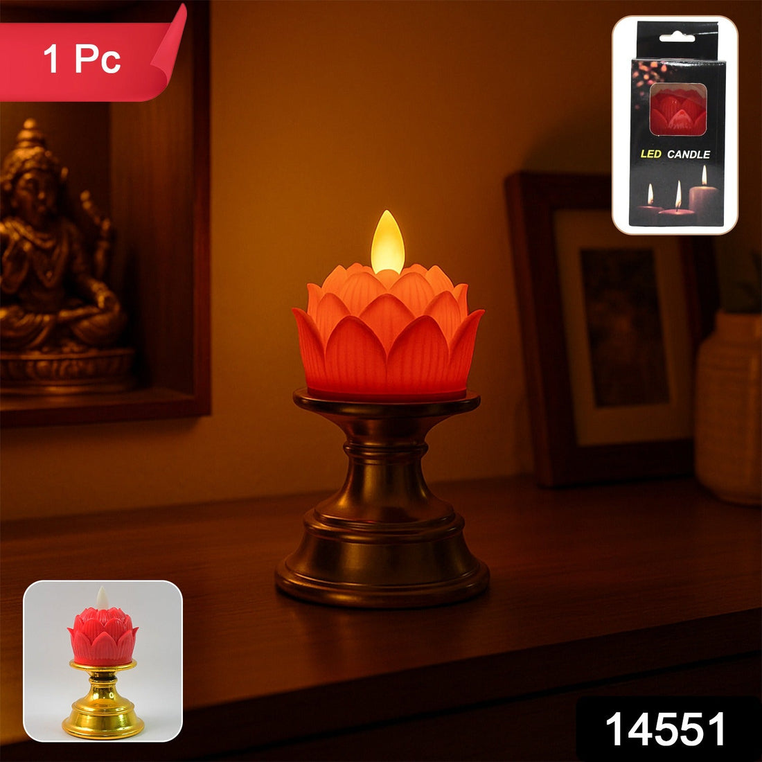 Premium Lotus Shaped LED Flameless Candle with Decorative Holder (1 Pc)