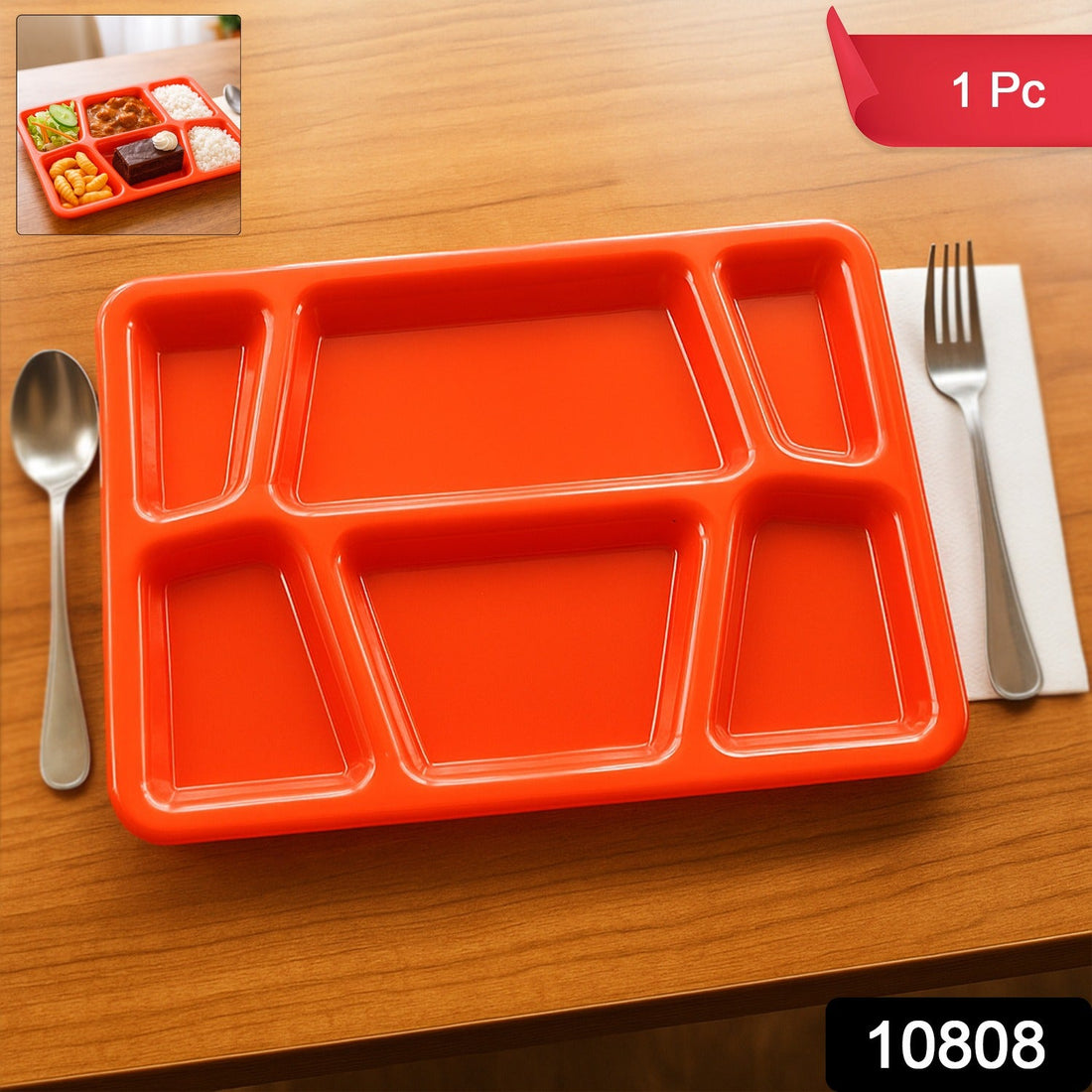 Plastic Multi-Compartment Rectangular Meal Serving Tray / Plate (1 Pc / Red)