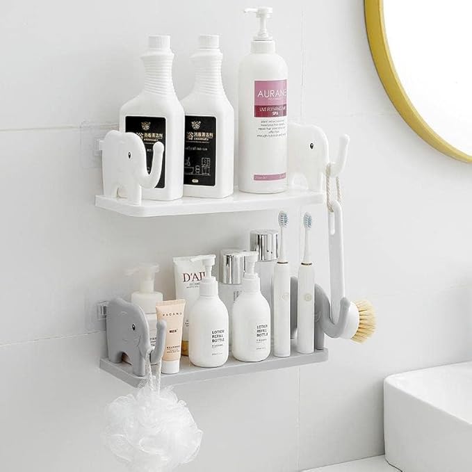 Elephant Shape Multipurpose Stand Holder for Bathroom Toilet Kitchen Bedroom Office Shelf Wall Holder Bathroom Rack Storage Box Strong Magic Sticker Shower Rack Shelf (Multicolor, Pack of 1)
