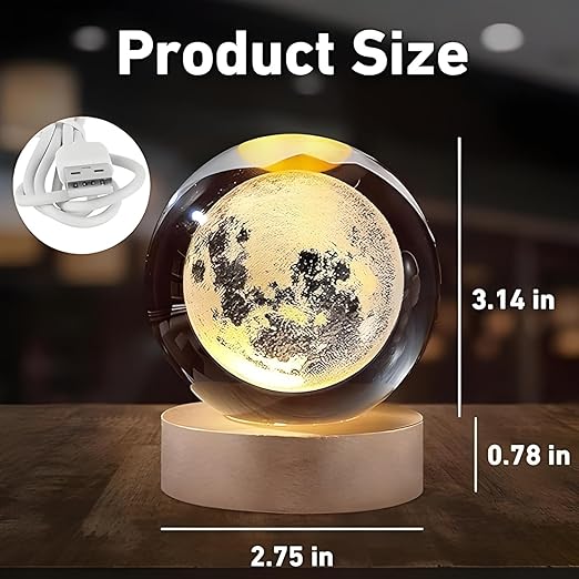 3D MOON Crystal Ball Planet Crystal Ball Night Light with Warm White Dimmable LED Wooden Base - Decorative LED Lamp for Home, Office, Bedroom (PACK OF 1)