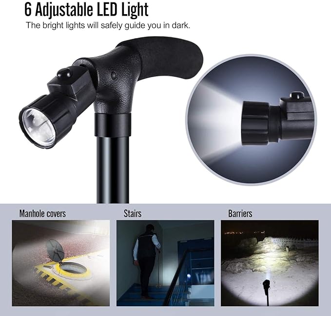 Folding Cane with LED Light- Non-Slip Grip Handle for Men and Women, Collapsible Walking Stick