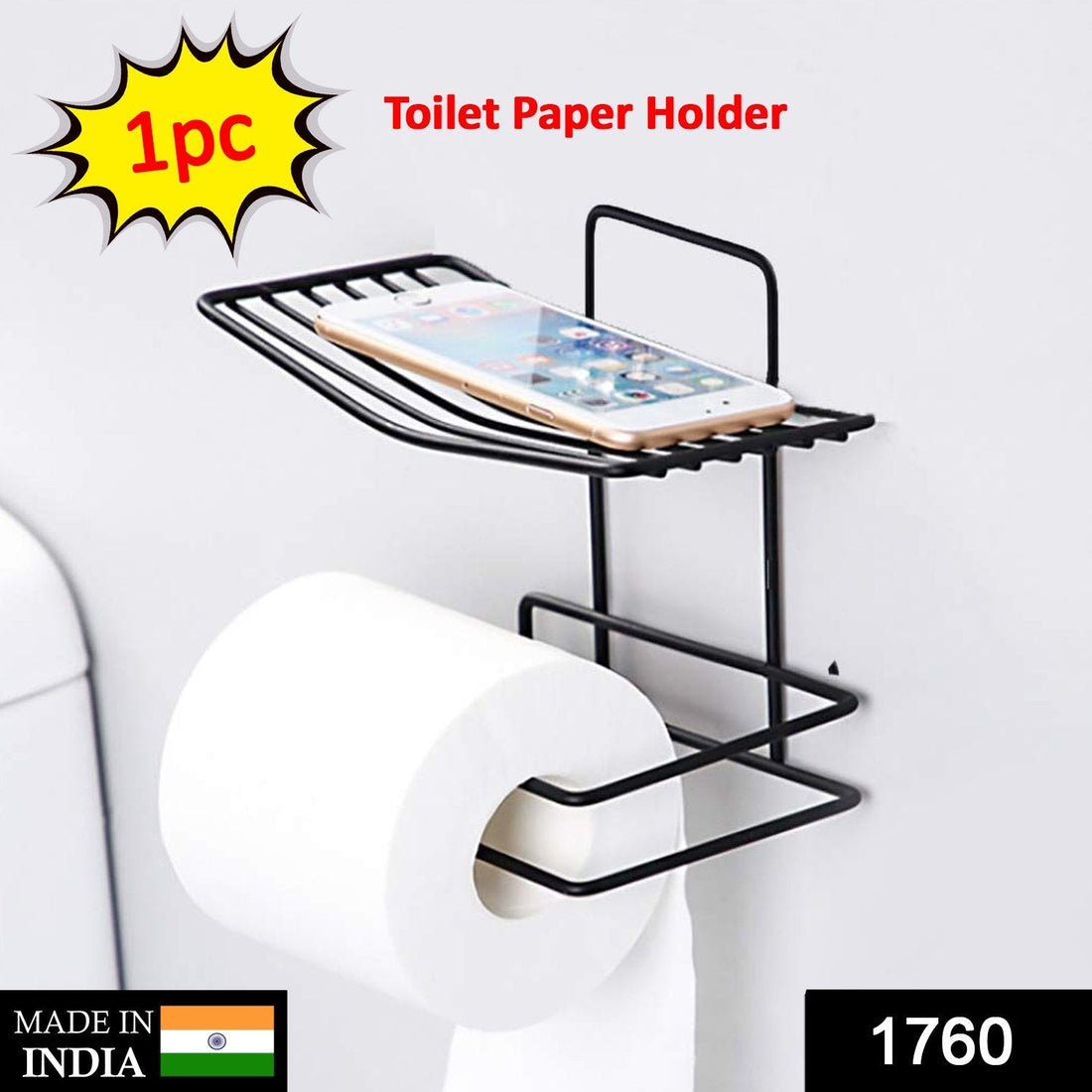 Iron black coated self-adhesive wall-mounted tissue holder, showcasing its sleek design and installation method