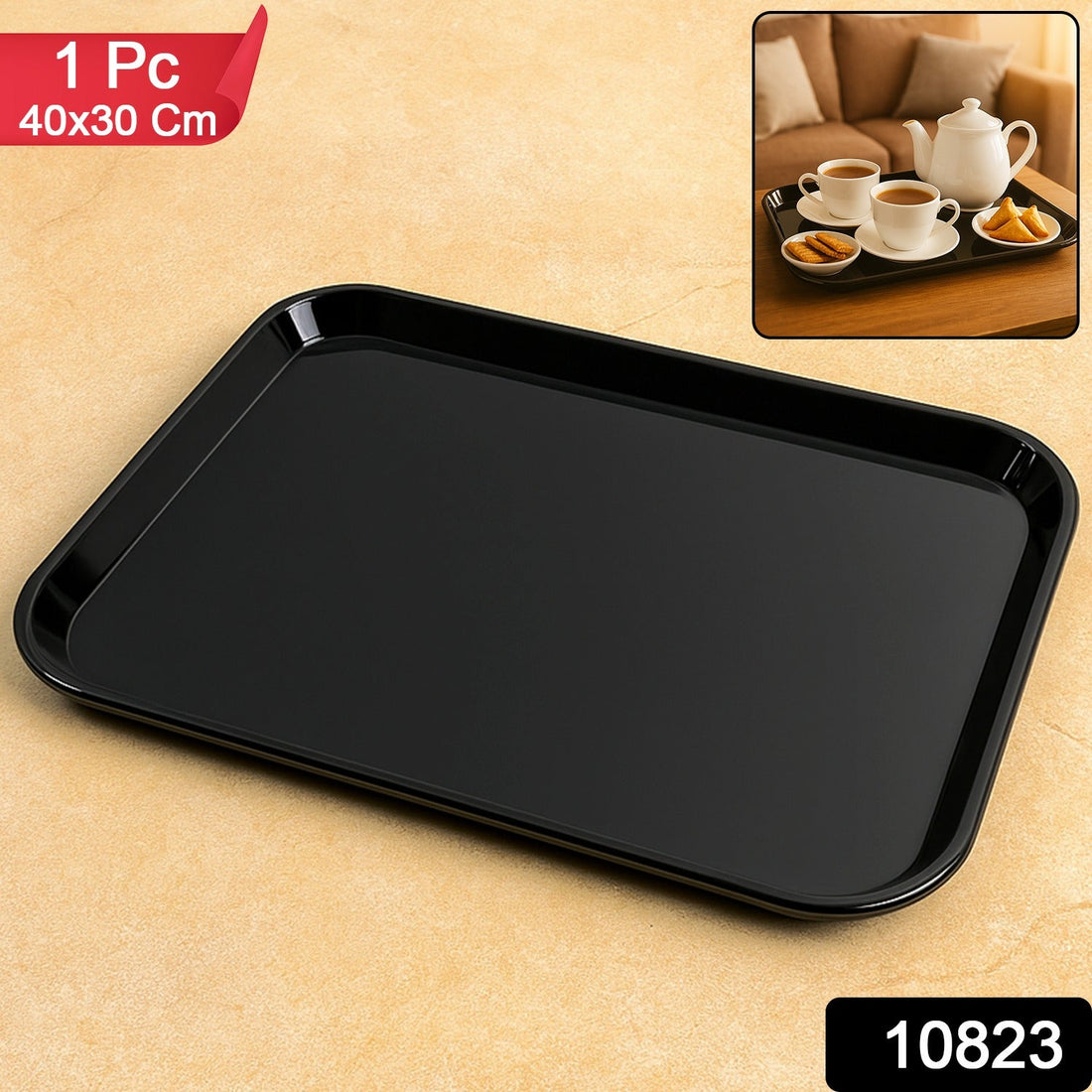 Plastic Serving Tray / Plate – 40 × 30 cm (1 Pc / Black)