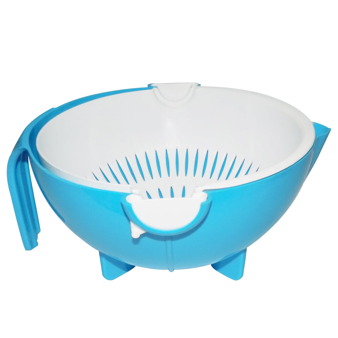 Strainer bowl with handle for easy washing of fruits and vegetables.