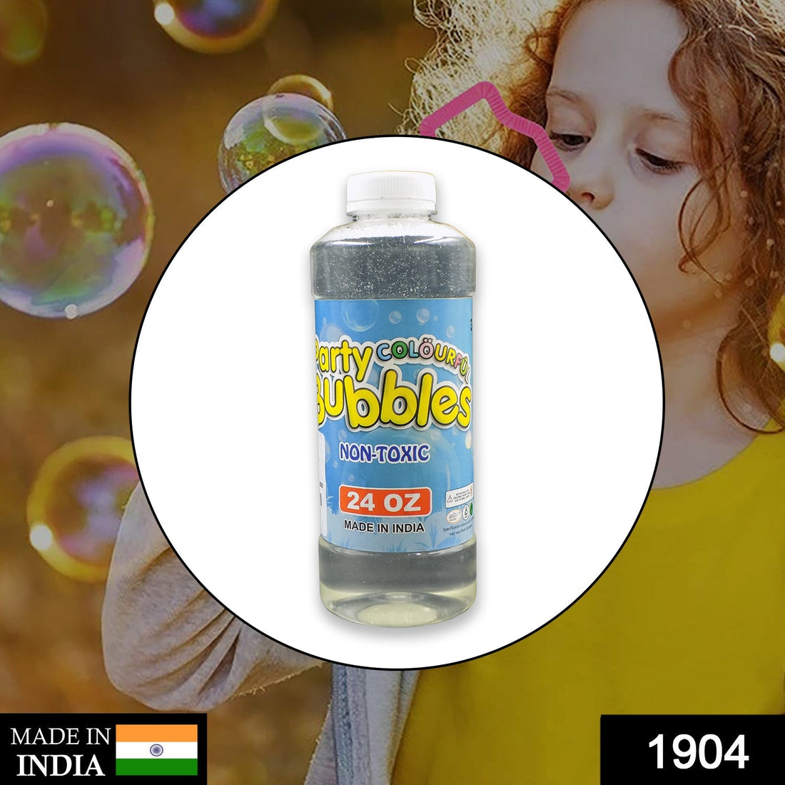 Bubble gun liquid refill bottle with label and a blue cap