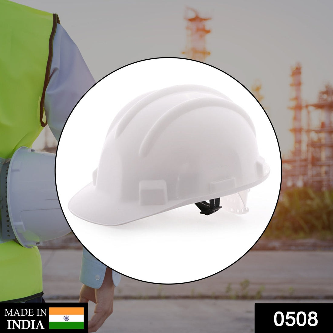 Construction safety helmet designed for protection against impacts, showing its durable build and design
