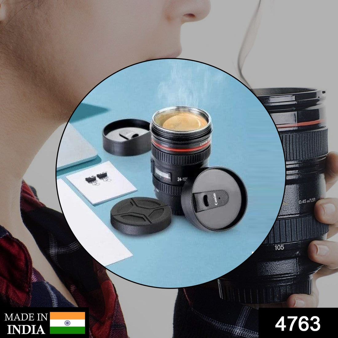 Plastic camera lens coffee mug made from stainless steel, featuring a detailed and realistic design