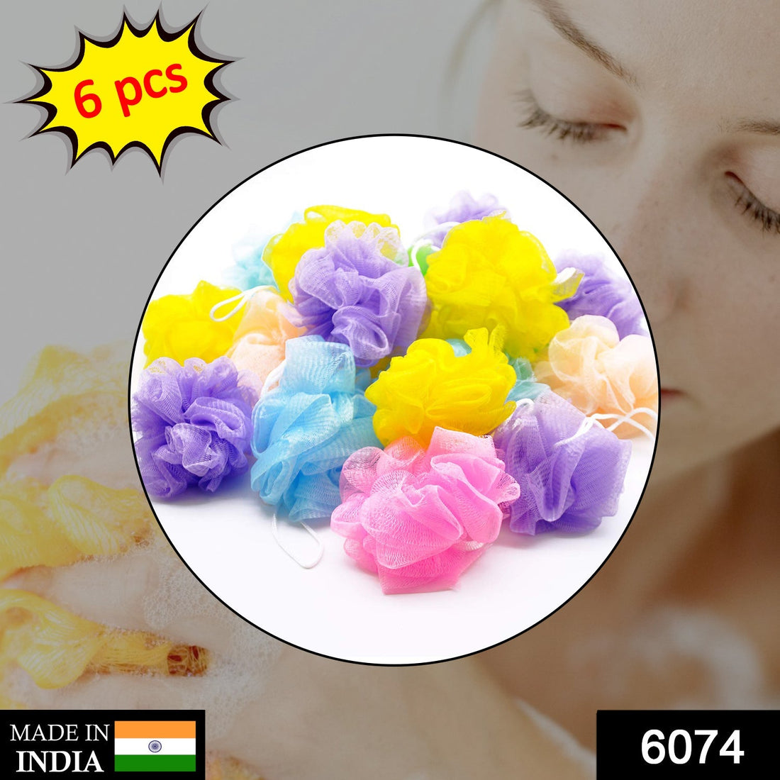 Set of 6 bath sponges, ideal for body scrubbing and lathering.