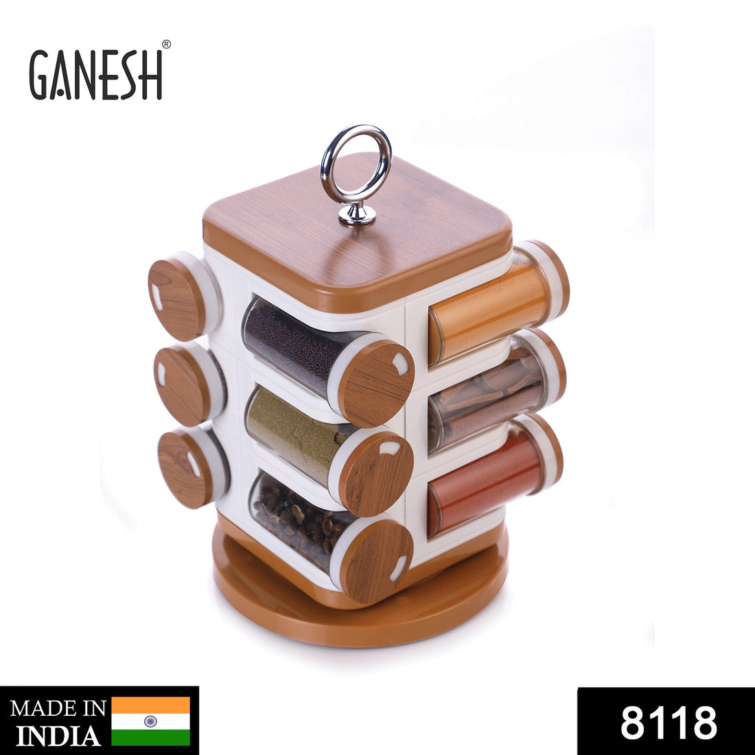 Ganesh 12-jar revolving spice rack, masala box, various jars visible.