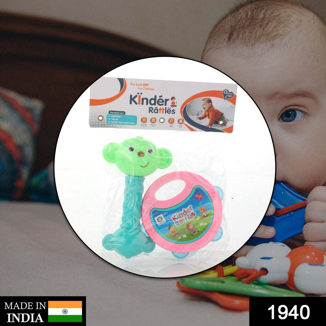 Two-piece set of baby rattles with a bright, appealing design for infant play.