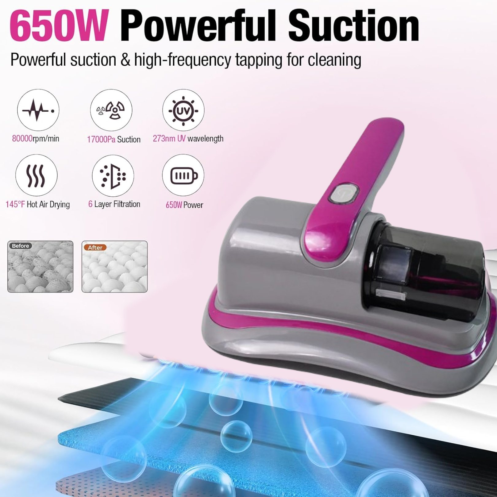 Powerful Suction Portable Handheld Vacuum Cleaner - Low Noise Vacuum Cleaner for Bed - Cordless Vacuum Cleaner for Car Seat Crevices Pillows, Mattresses, Sofas Wireless Anti Dust and Mite Cleaner