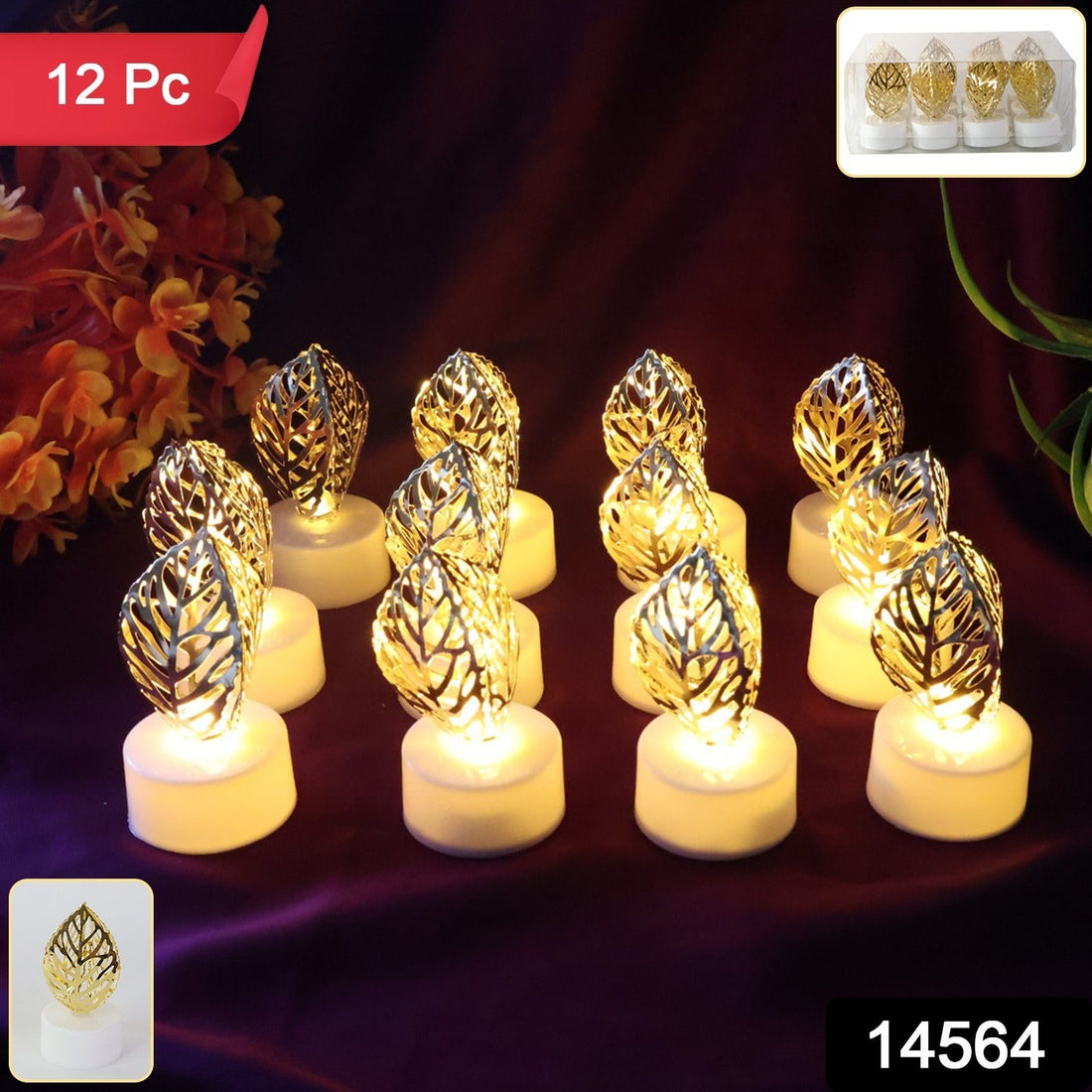 Decorative Golden Leaf Shaped Flameless LED Candles (12 Pc)