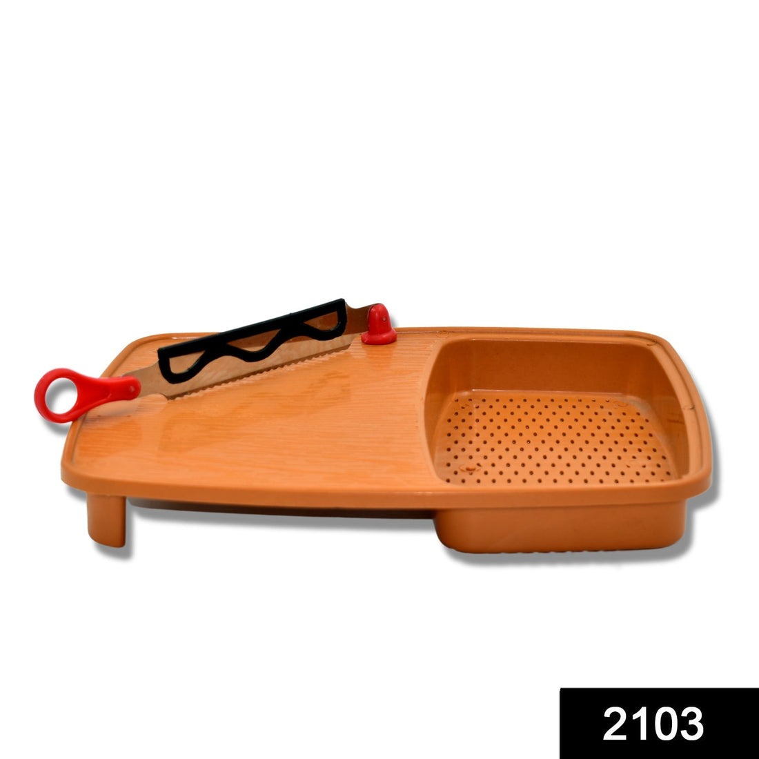 Thick plastic kitchen chopping board with holder.