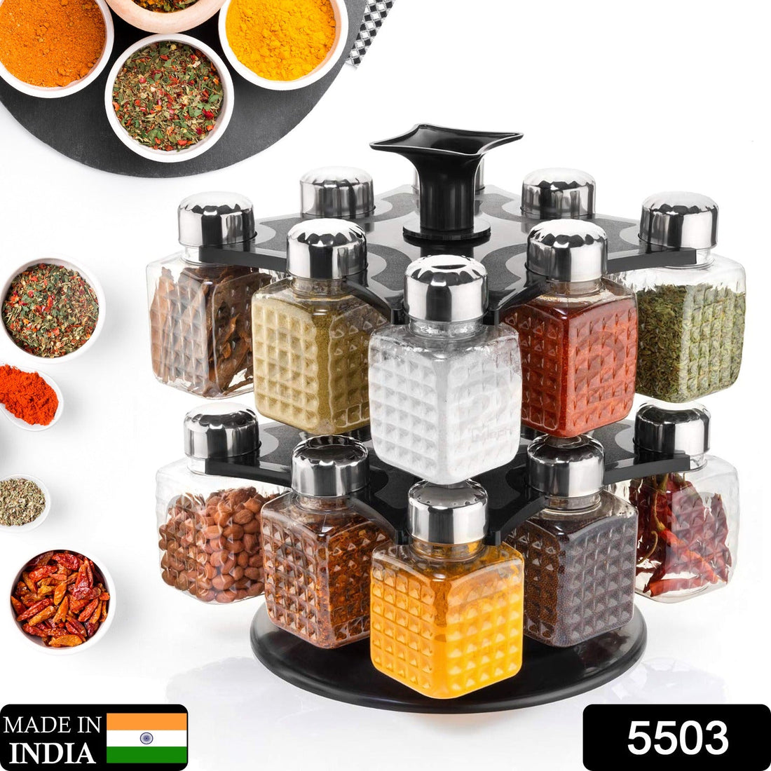 16-bottle revolving spice rack with square containers