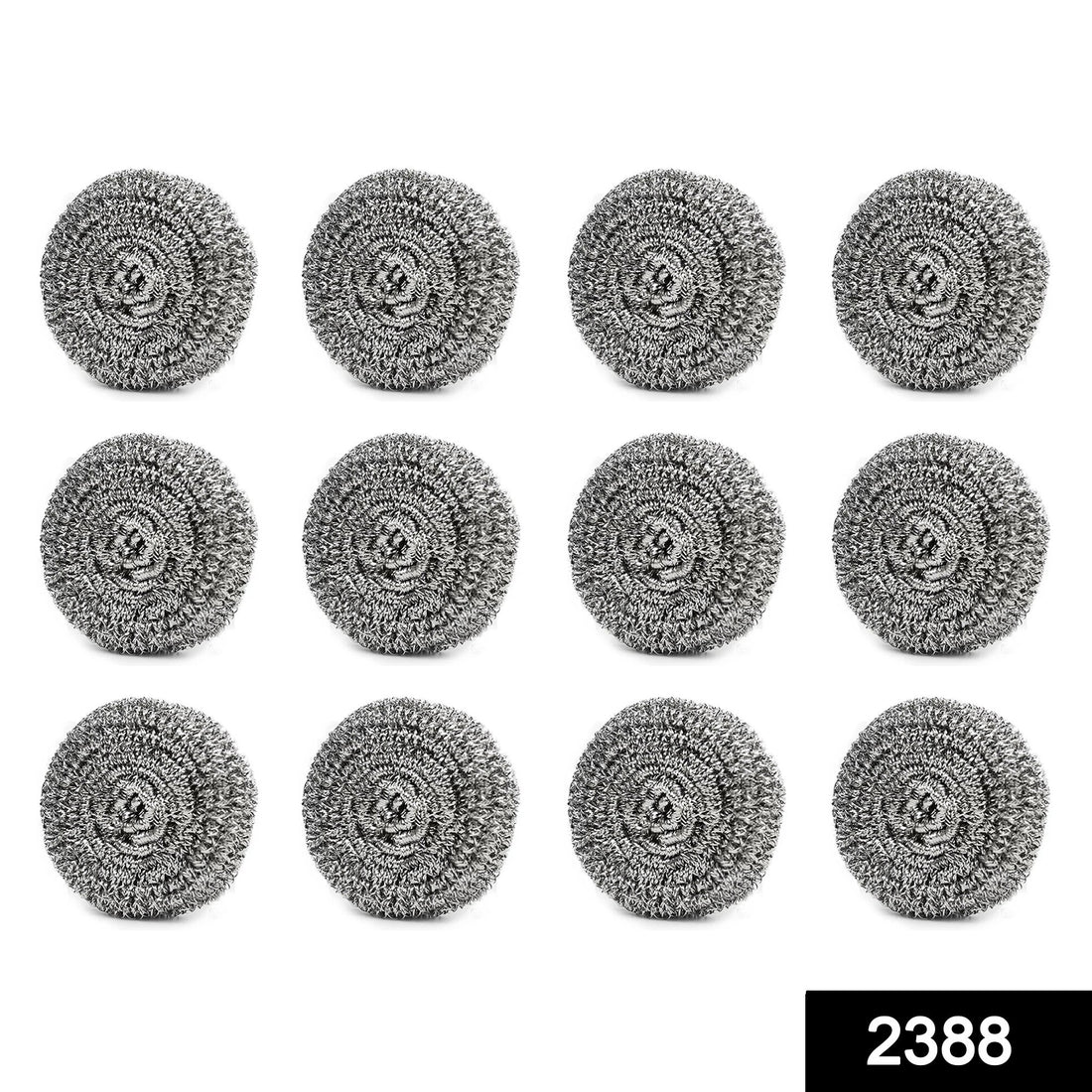 Pack of 12 stainless steel scrubbers, round shape for easy cleaning.