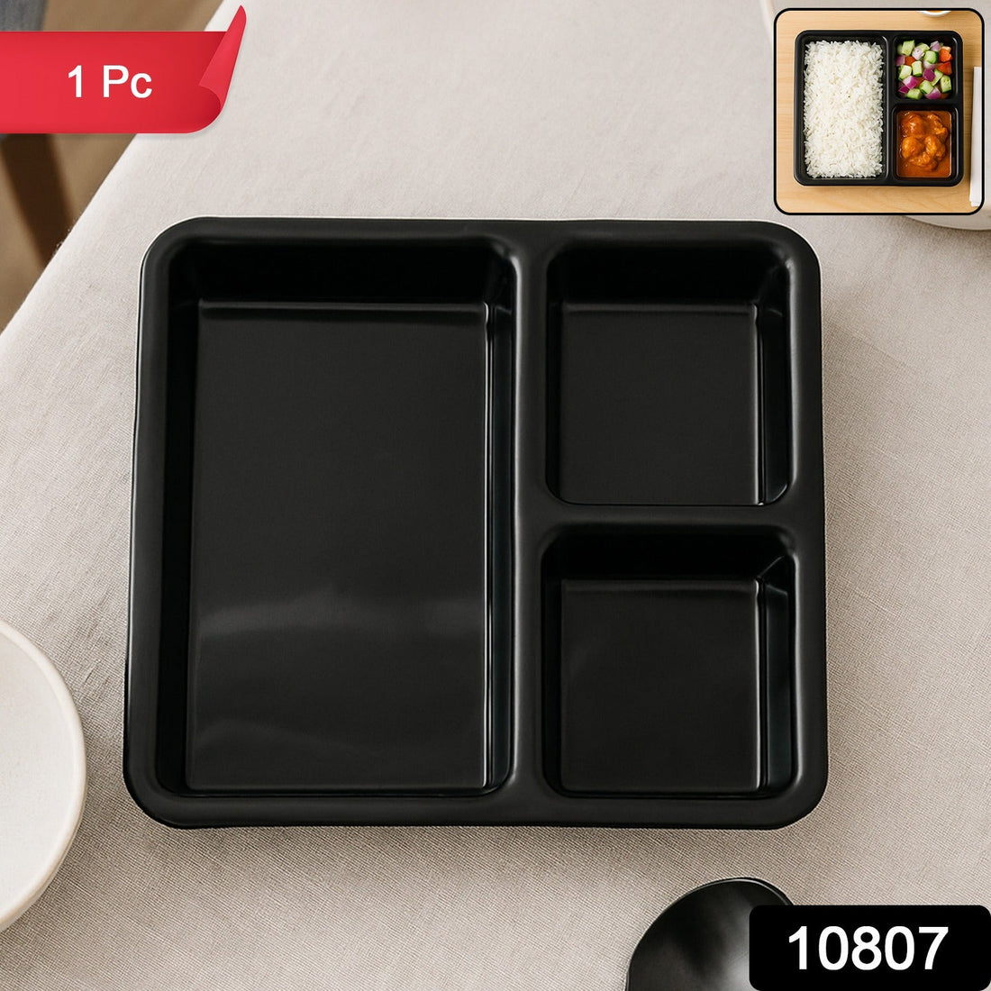 Plastic Multi-Compartment Meal Serving Tray – 3-Section Rectangular Dining Plate (1 Pc / Black)
